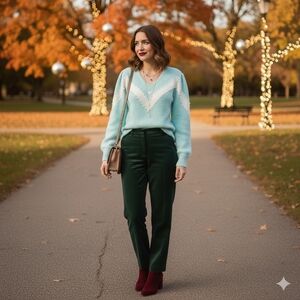 Vintage Mint Green V-Neck Sweater‎ with White Accents